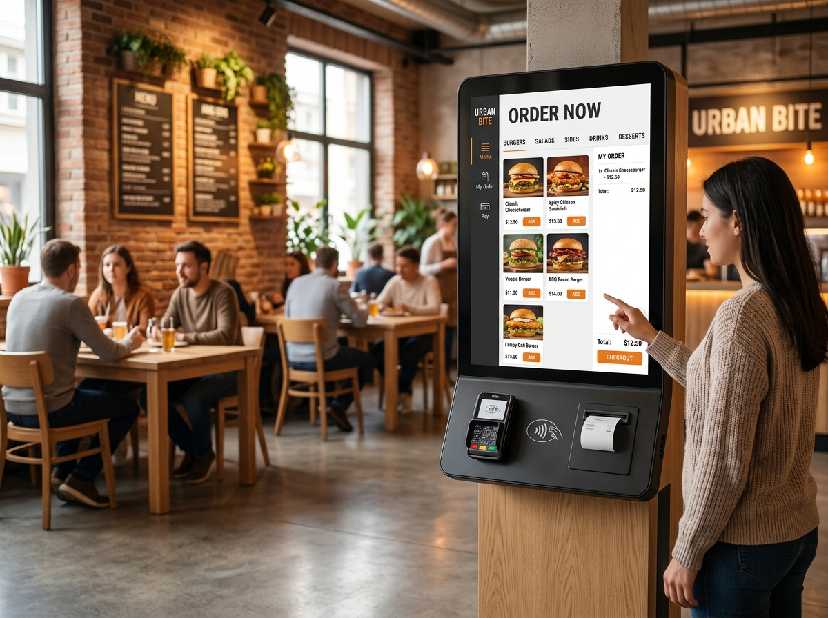Self-service ordering kiosk machine in a fast-casual restaurant
