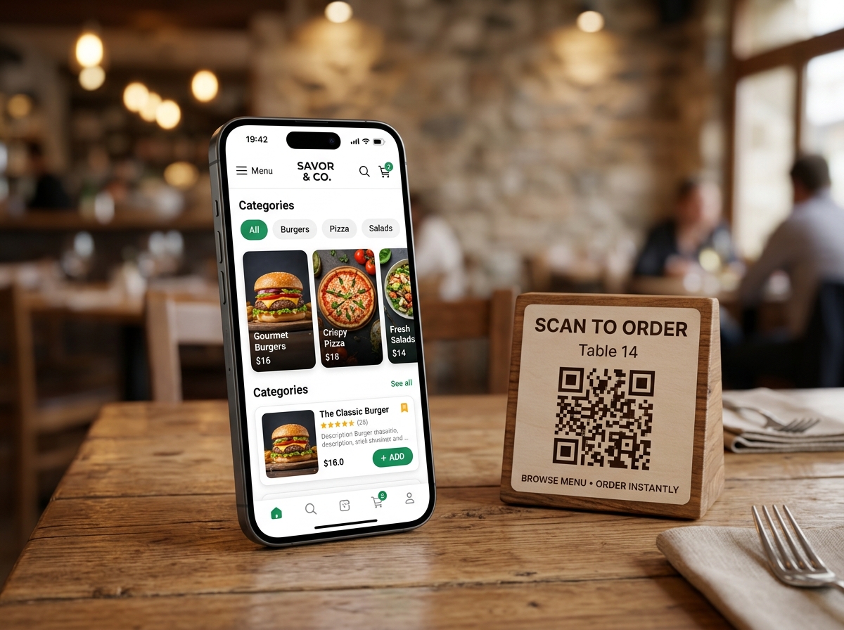 Vibrant food ordering app mock-up displayed on a smartphone