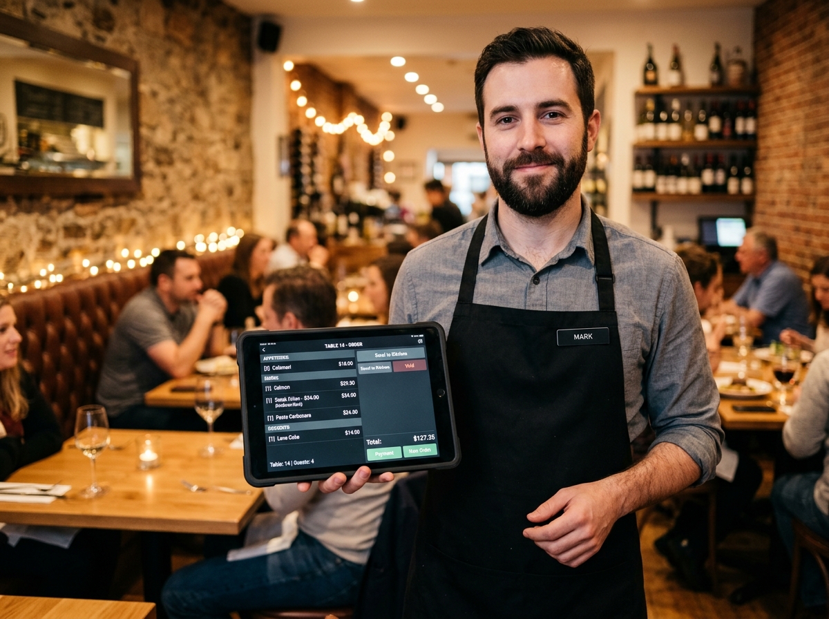 Staff iPad ordering interface held by a waiter